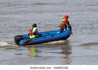 Samut Sakhon, Thailand-June 10, 2019: Water Rescue Use Rubber Boats To Check For Water Security.