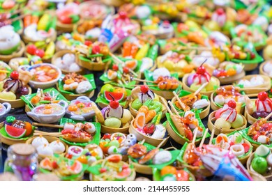 Samut Songkhram - Thailand - 12 February 2022 - Close-up Miniature Food Sculpture On Blurred Background