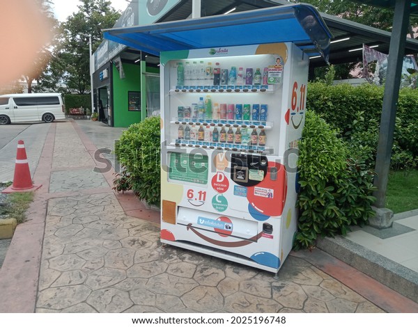 Samutprakarn,\
Thailand:15-8-2021:Image of a vending machine stand in a gas\
station near\
toilet.