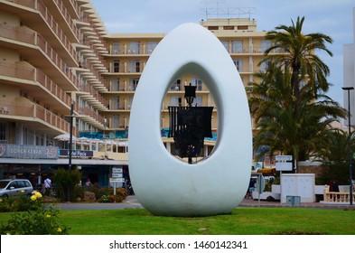 San Antonio. Ibiza. Spain. 28.05.2018 - Christopher Columbus Ship In Big Eggs. Monument On Ibiza Island