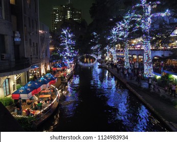 San Antonio River Walk And The River Boat At Night 