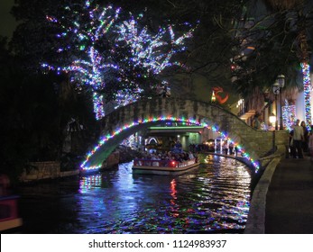 San Antonio River Walk And The River Boat At Night 