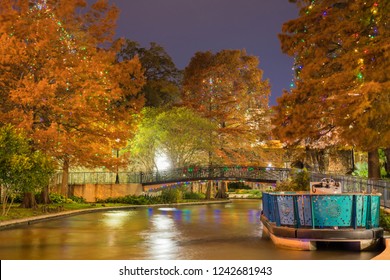 San Antonio River Walk At Night With Christmas Lights Long Exposure