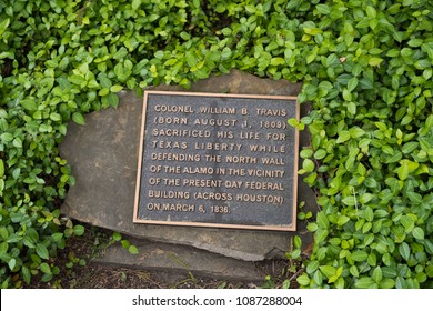 San Antonio, Texas - April 18, 2018: Plaque Commemorating The Spot Where William B Travis Was Killed During The Battle Of The Alamo.