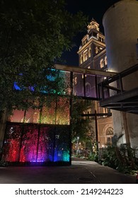 San Antonio, Texas, USA - 21 April 2022: Colorful Lights And Historic Buildings Of The Pearl Neighborhood At Night 