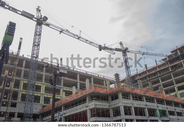 San Antonio Texas, USA - April 5, 2019: Closeup of\
construction on a building behind Sam’s Burger Joint in San Antonio\
Texas.