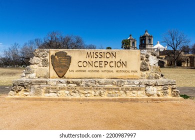 San Antonio, Texas, USA - March 1, 2022: Mission Concepcion National Park Service Sign