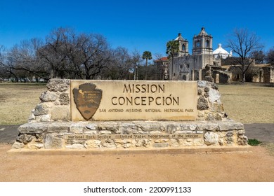 San Antonio, Texas, USA - March 1, 2022: Mission Concepcion National Park Service Stone Sign