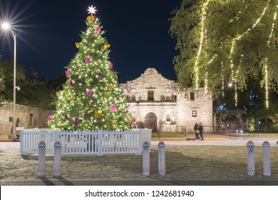 San Antonio, Texas / USA - November 27, 2018: The Alamo plaza gets a Christmas tree for the Holidays.