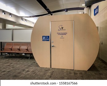 San Antonio, Texas, USA - November 7 2019: Lactation Suite Mamava Private Breast Feeding Container Room In Airport Terminal