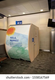 San Antonio, Texas, USA - November 7 2019: Lactation Suite Mamava Private Breast Feeding Container Room In Airport Terminal