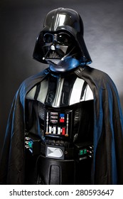 SAN BENEDETTO DEL TRONTO, ITALY. MAY 16, 2015. Portrait of Darth Vader costume replica with . Darth Vader is a fictional character of Star Wars saga.  Blue grazing light