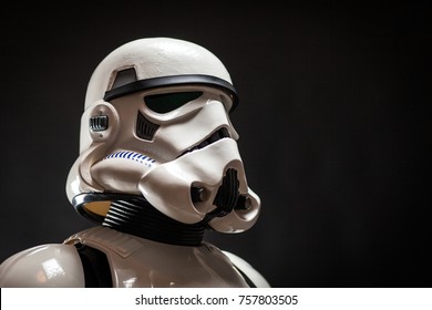 SAN BENEDETTO DEL TRONTO, ITALY. NOVEMBER 11, 2017. Close up studio portrait  of stormtrooper helmet costume replica. He is a fictional character of Star Wars saga. Black background 