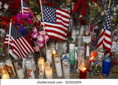 SAN BERNARDINO, CA. DECEMBER 17, 2015, A makeshift memorial at the Inland Regional Center (IRC) in San Bernardino, CA. San Bernardino shooting aftermath in San Bernardino, CA.
