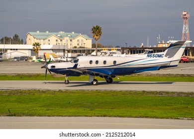 San Carlos, CA, USA - January 17, 2022: Private plane Pilatus PC-12 landed at the airport.