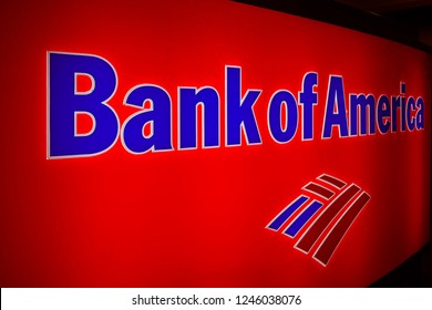 San Carlos, CA/USA - Nov. 30, 2018: Bank of America sign at night. Bank of America is a US multinational banking and financial services corporation headquartered in Charlotte, NC.