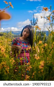 San Carlos Sija, Quetzaltenango, Guatemala, August 30, 2020, Woman In Typical Mayan Costume Stands In The Middle Of Sowing Wheat With Hat And Mask In Hand