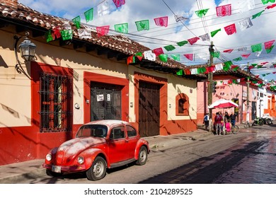 San Cristobal de las Casas, Chiapas - December 22, 2021: old car on the street in San Cristobal, Mexico.