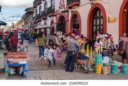 San Cristobal de las Casas, Chiapas - December 22, 2021: People in the city center of San Cristobal, Mexico.