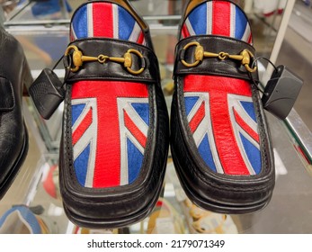 San Diego, CA - July 1, 2022: Gucci Brand Designer Leather Shoes For Men On Display Inside A Mall Store.