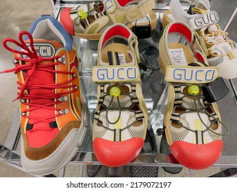 San Diego, CA - July 1, 2022: Colorful Sandals And Other Shoes On Display At Gucci Store.