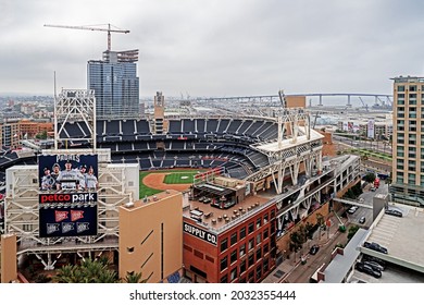 SAN DIEGO, CA - JULY 17, 2017: Tourists on a rooftop enjoy city view near Petco Park. San Diego attracts 20 million tourists annually.