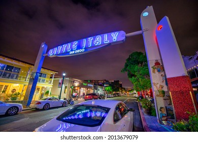 SAN DIEGO, CA - JULY 30, 2017: Little Italy Street Entrance At Night