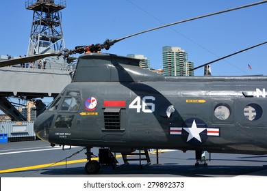 SAN DIEGO CA USA 04 07 2015: The Boeing Vertol CH-46 Sea Knight Is A Medium-lift Tandem Rotor Transport Helicopter Powered By Twin Turboshaft Aircraft Engines.