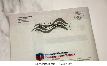 San Diego, CA USA - April 26, 2022: View Of The Back Of The 2022 Primary Election Official Voter Information Guide.