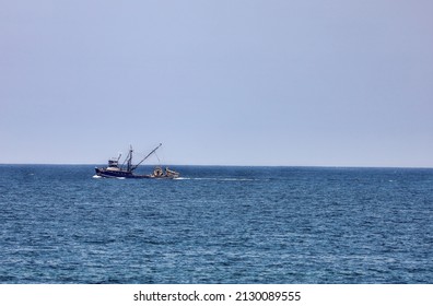 San Diego, CA USA - August 9, 2021: View Of The Cougar Fishing Trawler On The Ocean From La Jolla Cove In Southern California.