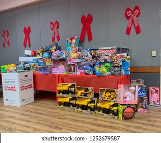 San Diego, CA / USA December 1, 2018: Toys Collected For  U.S Marine Corps Reserve Toys For Tots Campaign At Mira Mesa Senior Center.