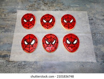 San Diego, CA USA - December 12, 2021: Spiderman Face Sugar Cookies With Royal Icing.