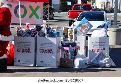 San Diego, CA USA - December 18, 2021: View Of Collection Boxes To Collect Toys For Toys For Tots Campaign During Christmas Season.