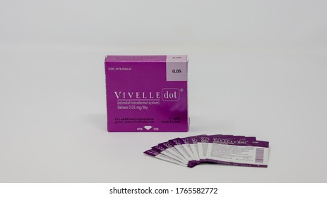 San Diego, CA / USA  - February 23, 2020: Front View Of A Vivelle Dot Box. Estradiol Transdermal System, Estrogen Hormone Patch.