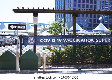 San Diego, CA USA - Jan 30 2021: Petco Park UCSD vaccination super site for the coronavirus covid 19 vaccine downtown                            