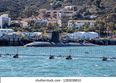 San Diego, CA / USA - January 1, 2019: View Of Submarine In Dock At The Naval Base Point Loma (NBPL), Submarine Base.