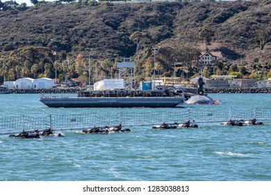 San Diego, CA / USA - January 1, 2019: Submarine In Dock At The Naval Base Point Loma (NBPL), Submarine Base.