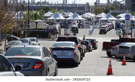 San Diego, CA USA - January 27, 2020: Cars line up to enter Covid-19 vaccination superstation at Petco Park                               