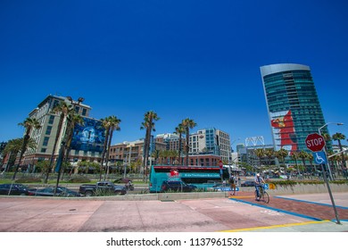 SAN DIEGO, CA, USA - JULY 14:  San Diego East Village With The Hilton And The Omni On July 14, 2018 In San Diego, California.