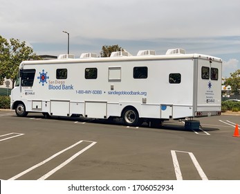 San Diego, CA / USA - July 23, 2019: San Diego Blood Collection Bus. Mobil Blood Donations.