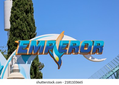 San Diego, CA USA - July 9, 2022: The SeaWorld San Diego Emperor Dive Coaster Sign.