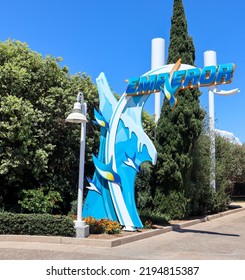 San Diego, CA USA - July 9, 2022: The Emperor Dive Coaster Sign At SeaWorld San Diego .