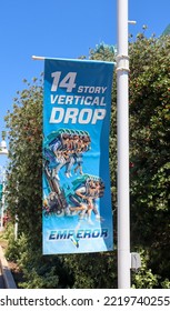 San Diego, CA  USA - July 9, 2022: The 14 Story Vertical Drop Emperor Rollercoaster Sign At SeaWorld San Diego.