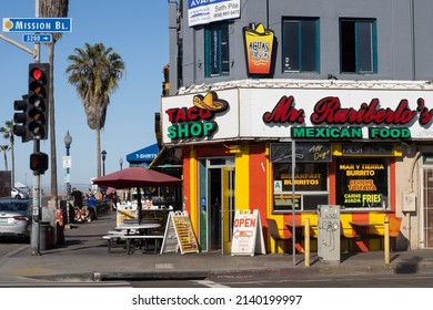 San Diego, CA, USA - Mar 24, 2022: A Taco Shop On The Street Corner In The Mission Beach Neighborhood In San Diego, California.