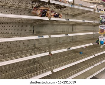 San Diego, CA / USA - March 13, 2020:  View Of Empty Shelves At The Supermarket Due To The Coronavirus Panic Buying.