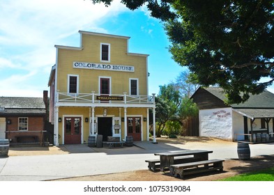 San Diego, California. April 20, 2018. Exterior View Of The Colorado House A Former 1851 Hotel And Now Operating As A Wells Fargo History Museum In Old Town San Diego State Historic Park.