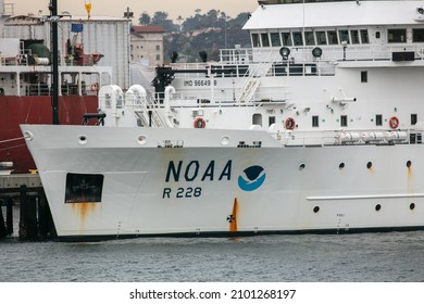 San Diego California, December 14, 2021:  A NOAA National Ocean And Atmospheric Administration Research Ship Moored At The Coronado Bay Naval Base 