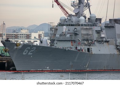 San Diego, California, December 23, 2021: USS Fitzgerald DDG-62 Destroyer Under Repairs At The Coronado Naval Yard  