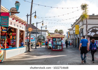 SAN DIEGO, CALIFORNIA - FEBRUARY 9, 2018:  People Walk On The Midway At Belmont Park, An Amusement Park Located On The Mission Beach Boardwalk, Originally Opening In 1925.