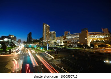 San Diego, California. January 20 2018. Landscape with panoramic view of Petco Park and the downtown area as seen from the Harbor Drive Pedestrian Bridge.